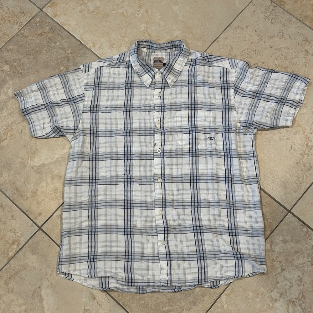 O'Neill Short Sleeve Button Mens L White Blue Plaid Rayon Surf Skate‎ Beach Y2k